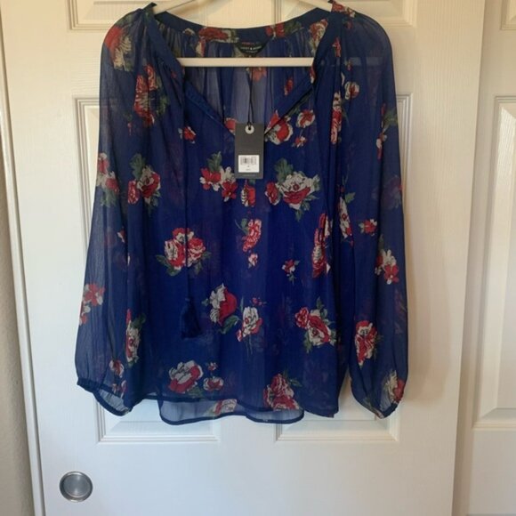 Women’s Lucky Brand Boho Royal Blue Floral LS Peasant Blouse | 1X NWT - Picture 1 of 6